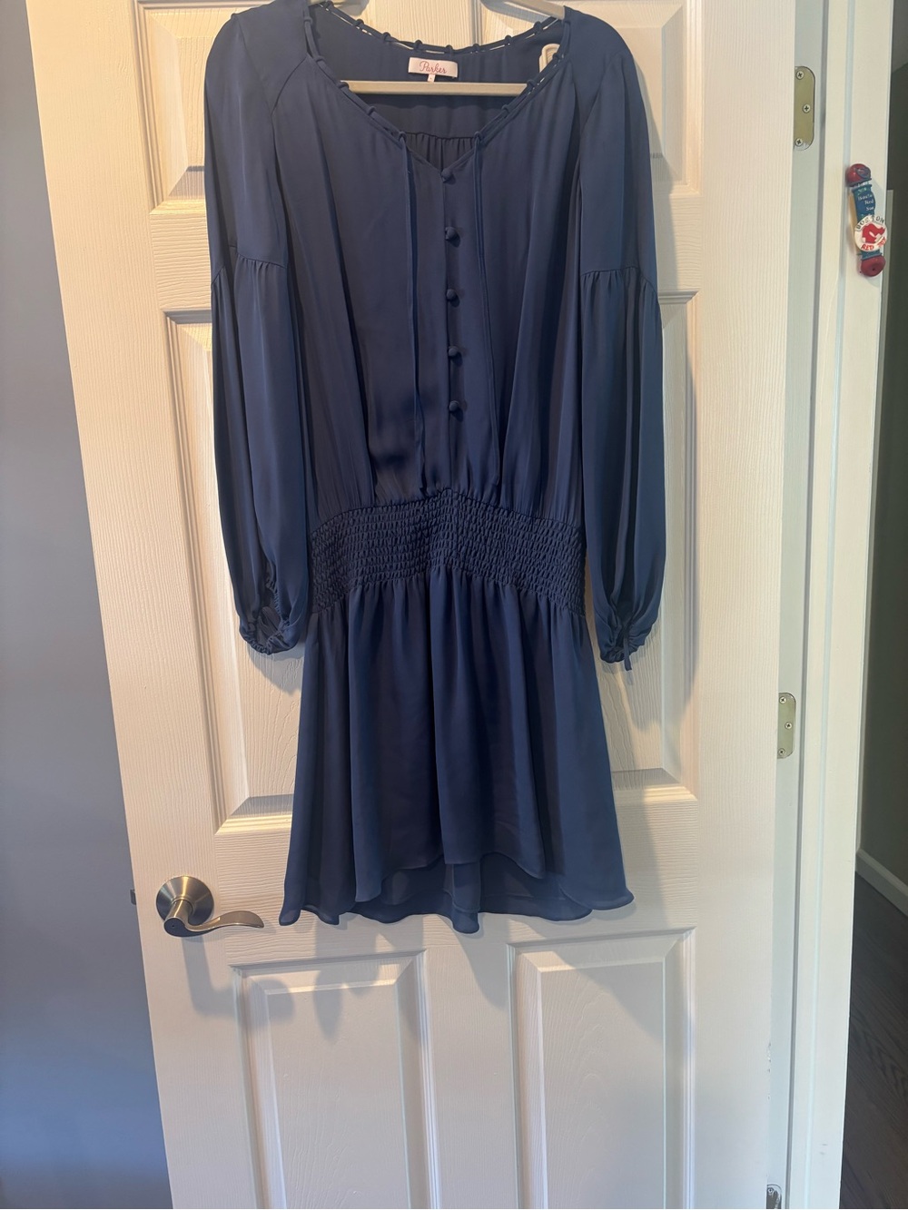 Navy Silk Long-Sleeve  Waist Dress